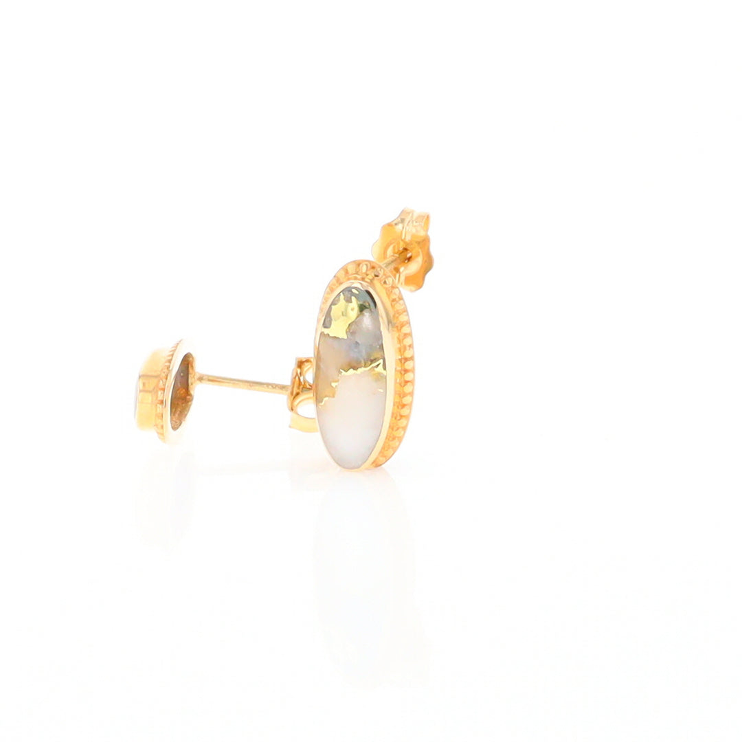 Gold Quartz Earrings Oval Inlaid Milgrain Design