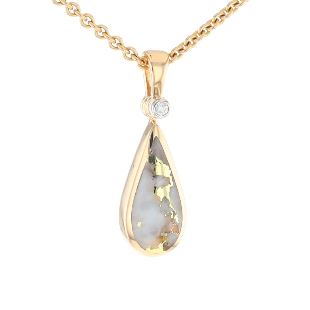 Gold Quartz Necklace Tear Drop Inlaid Pendant with .02ct Diamond