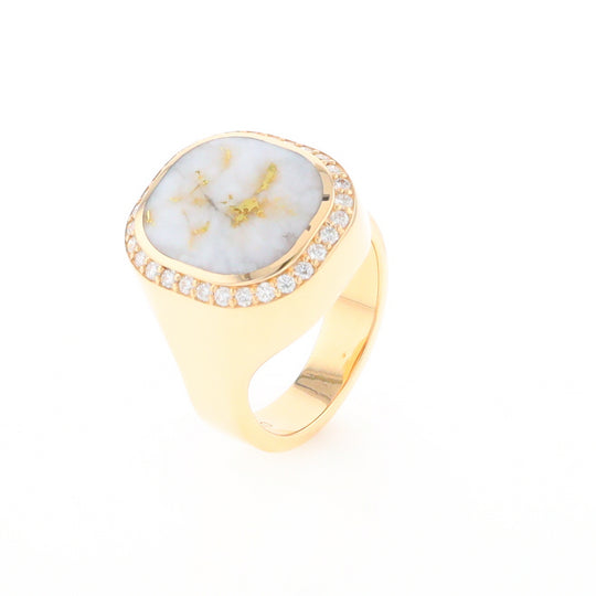 Gold Quartz Cushion Inlaid Men's Ring with Diamond Halo