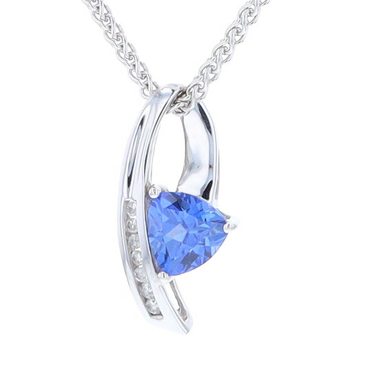 Synthetic Sapphire White Gold Ribbon Pendant with Diamond Accents