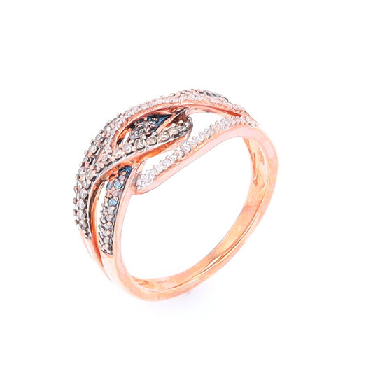 Bypass Crossover Row Ring with Chocolate, White, and Blue Diamonds in Rose Gold