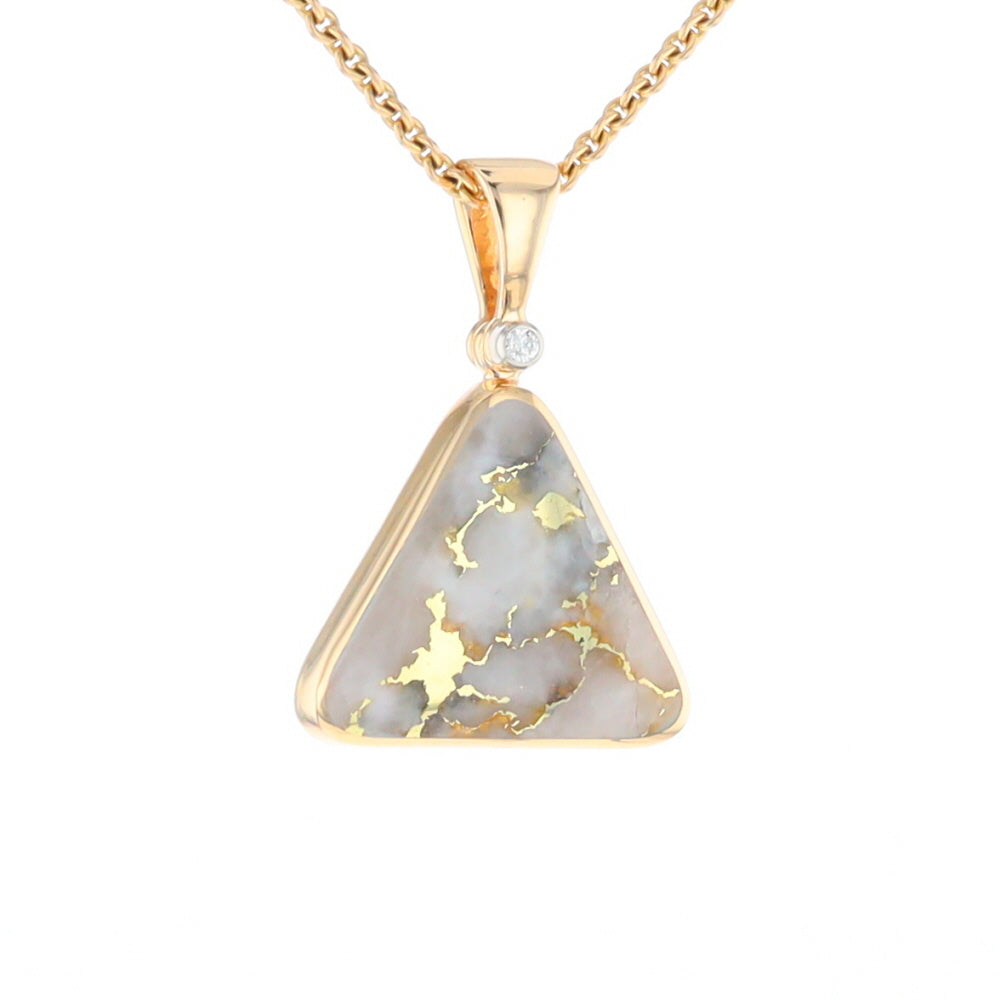 Gold Quartz Necklace Triangle Inlaid Pendant with .02ct Diamond