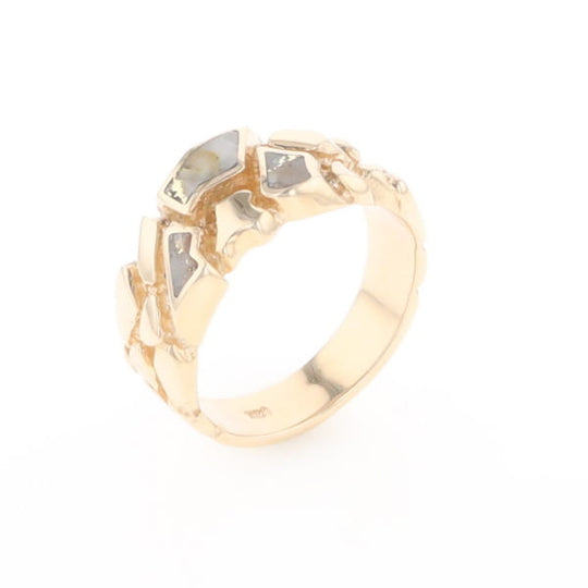 Gold Quartz Ring 3 Section Inlaid Nugget Design Band