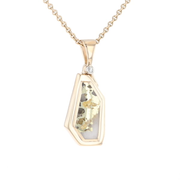 Gold Quartz Necklace .02ct Diamond Geometric Inlaid Design Pendant