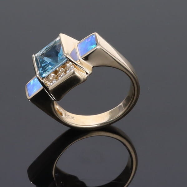 Opal Rings Inlaid Sides Swiss Blue Topaz Center with .24ctw Diamonds
