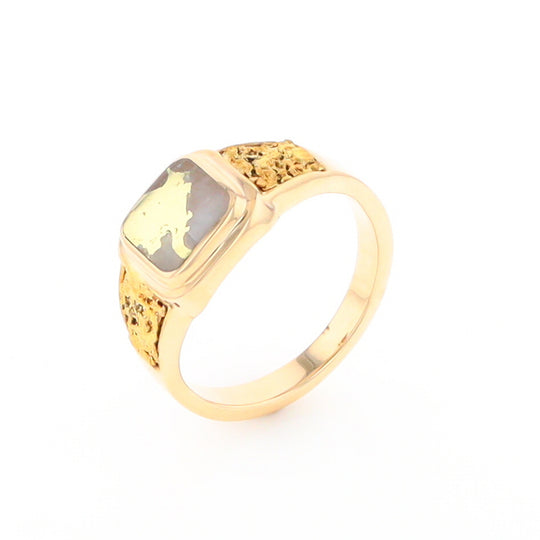 Gold Quartz Ring Square Inlaid Design Double Natural Nugget Sides