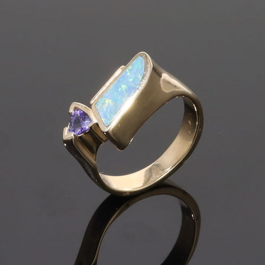 Opal Rings Geometric Inlaid with Tanzanite and .08ctw Round Diamonds