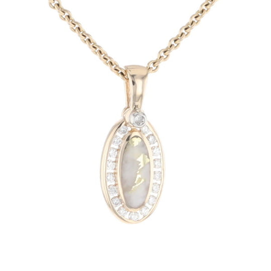 Gold Quartz Pendant Oval Inlaid with .22ctw Round Diamonds Halo (G1)