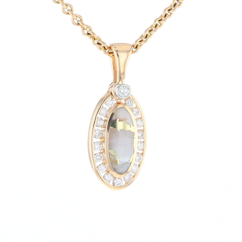 Gold Quartz Pendant Oval Inlaid with .22ctw Round Diamonds Halo