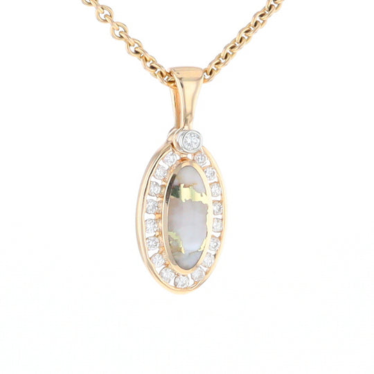 Gold Quartz Pendant Oval Inlaid with .22ctw Round Diamonds Halo