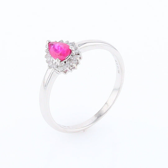 Natural Pear Cut Ruby with Diamond Halo 18K White Gold