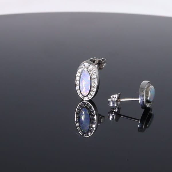 Opal Earrings Oval Inlaid with .25ctw Round Diamond Halo Studs
