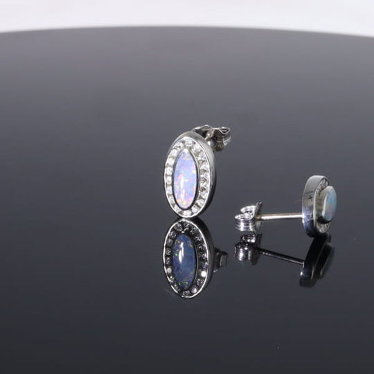 Opal Earrings Oval Inlaid with .25ctw Round Diamond Halo Studs