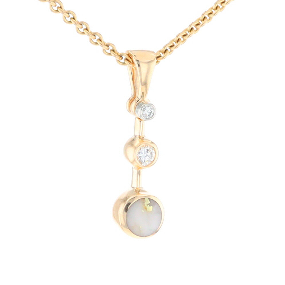 Gold Quartz Necklace Round Inlaid Design Pendant With .10ctw Round Diamond