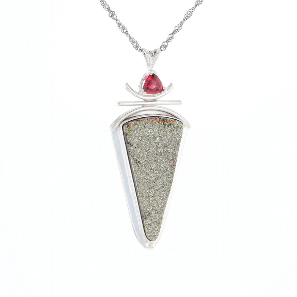 Druzy Quartz & Pink Trillion Tourmaline Pendant