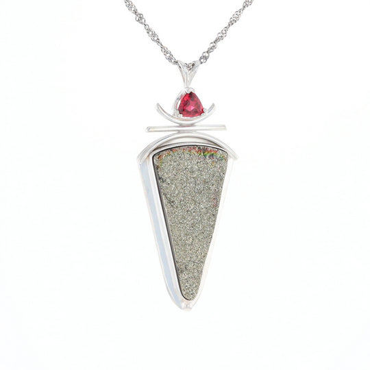 Druzy Quartz & Pink Trillion Tourmaline Pendant