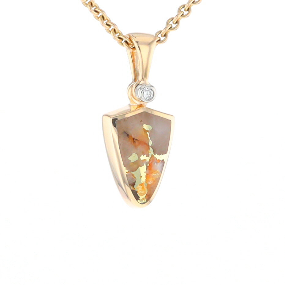 Gold Quartz Necklace Shield Shape Inlaid Pendant with .02ct Diamond