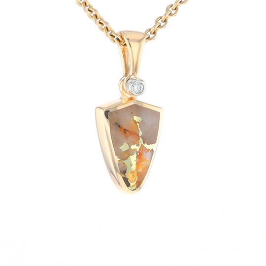 Gold Quartz Necklace Shield Shape Inlaid Pendant with .02ct Diamond