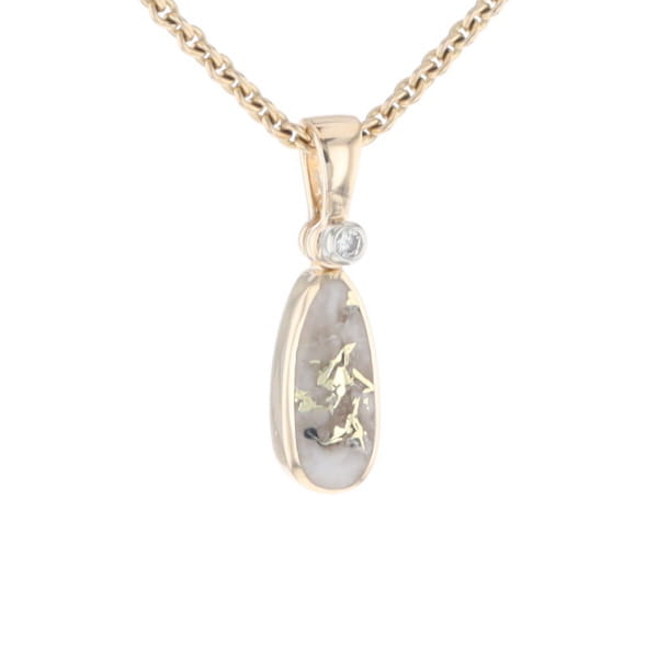 Gold Quartz Necklace Pear Shape Inlaid Pendant with .02ct Diamond