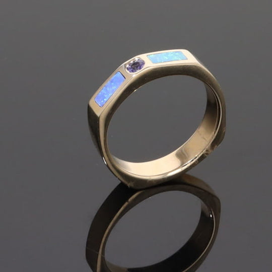 Opal Rings 2 Section Inlaid Design with Round Tanzanite