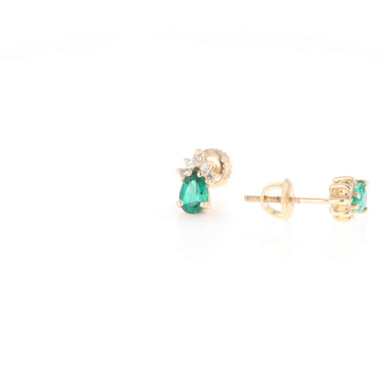 Synthetic Emerald Pear Shaped Earrings with Diamond Accents