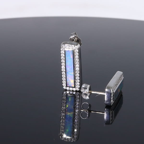 Opal Earrings Rectangle Inlaid with .50ctw Round Diamond Halo Studs