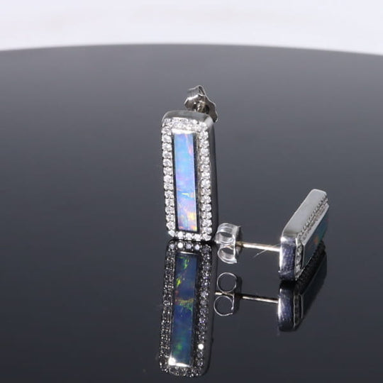 Opal Earrings Rectangle Inlaid with .50ctw Round Diamond Halo Studs