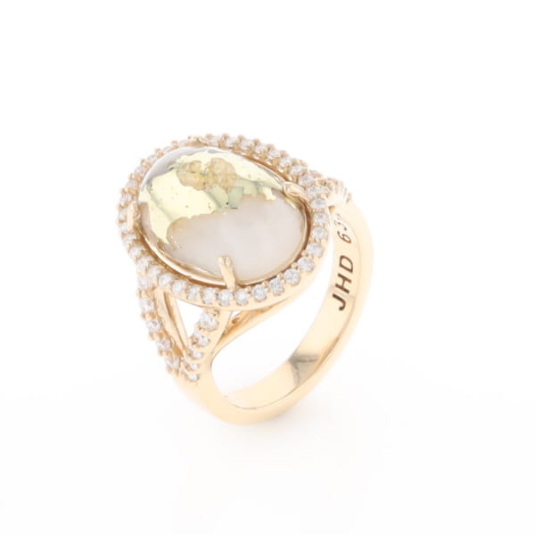Gold Quartz Ring Oval Cabochon 0.65ctw Round Diamonds Halo