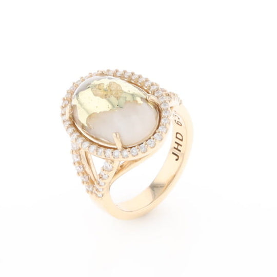 Gold Quartz Ring Oval Cabochon 0.65ctw Round Diamonds Halo