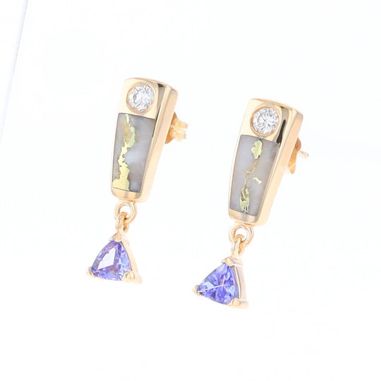 Gold Quartz Earrings Rectangle Inlaid Design with 0.11ct Diamonds & Trillion Cut Tanzanite