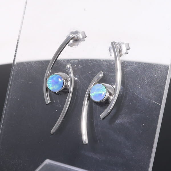 Opal Earrings Round Inlaid Double Curved Bar Design Studs