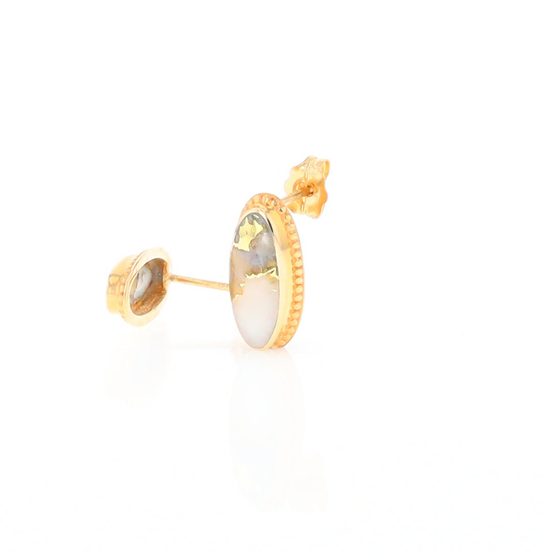 Gold Quartz Earrings Oval Inlaid Milgrain Design