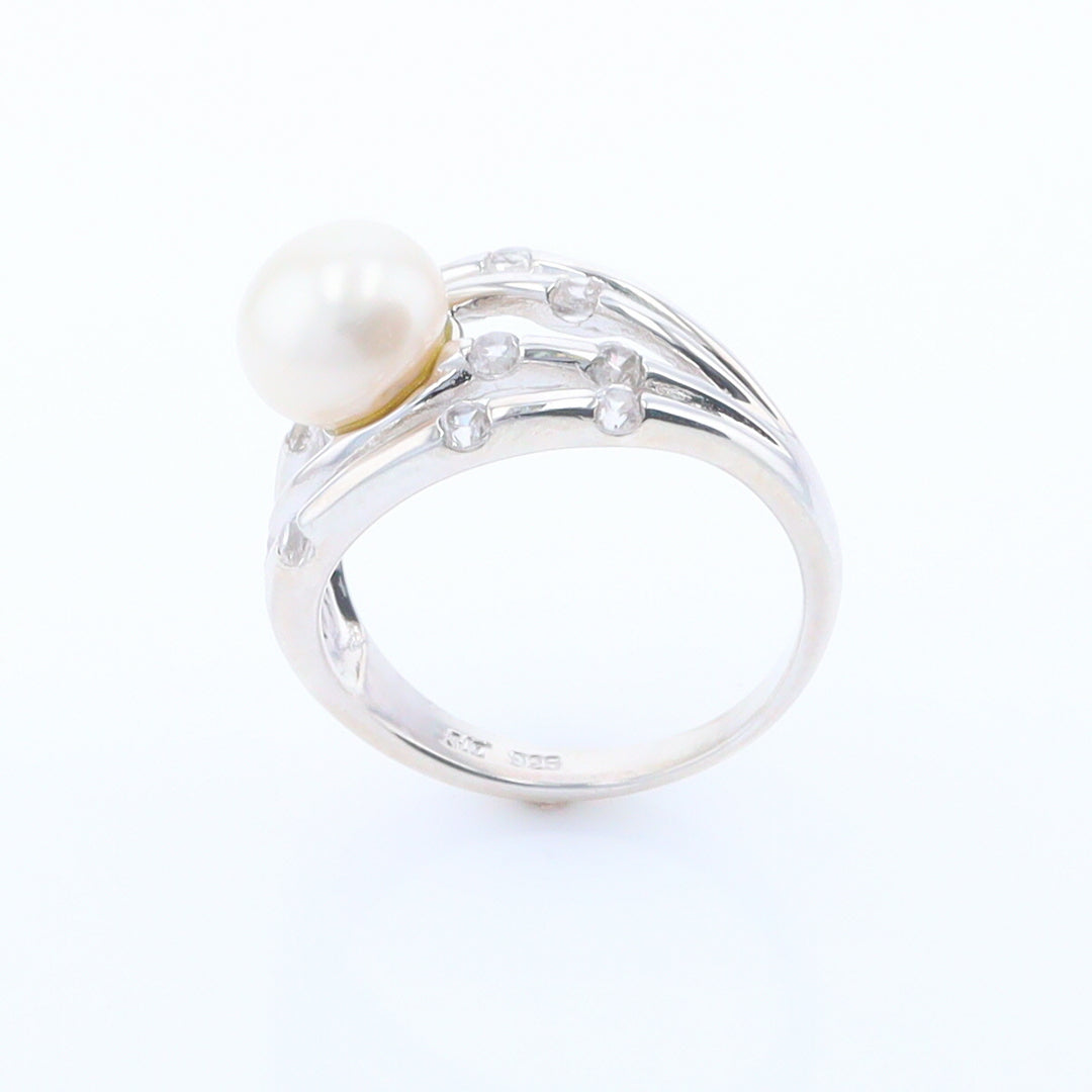 Pearl Bamboo Ring with Cubic Zirconia Accents