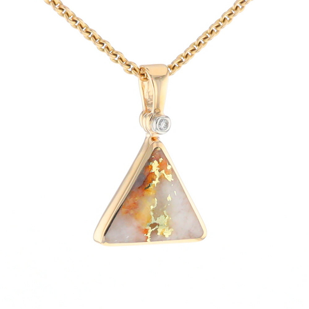 Gold Quartz Necklace Triangle Inlaid Pendant with .02ct Diamond