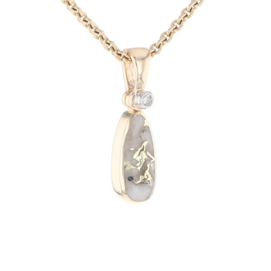 Gold Quartz Necklace Pear Shape Inlaid Pendant with .02ct Diamond