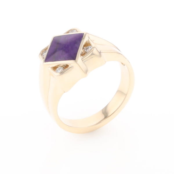 Natural Sugilite ring diamond shape inlaid design with .16ctw round diamonds