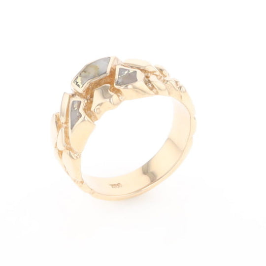 Gold Quartz Ring 3 Section Inlaid Nugget Design Band