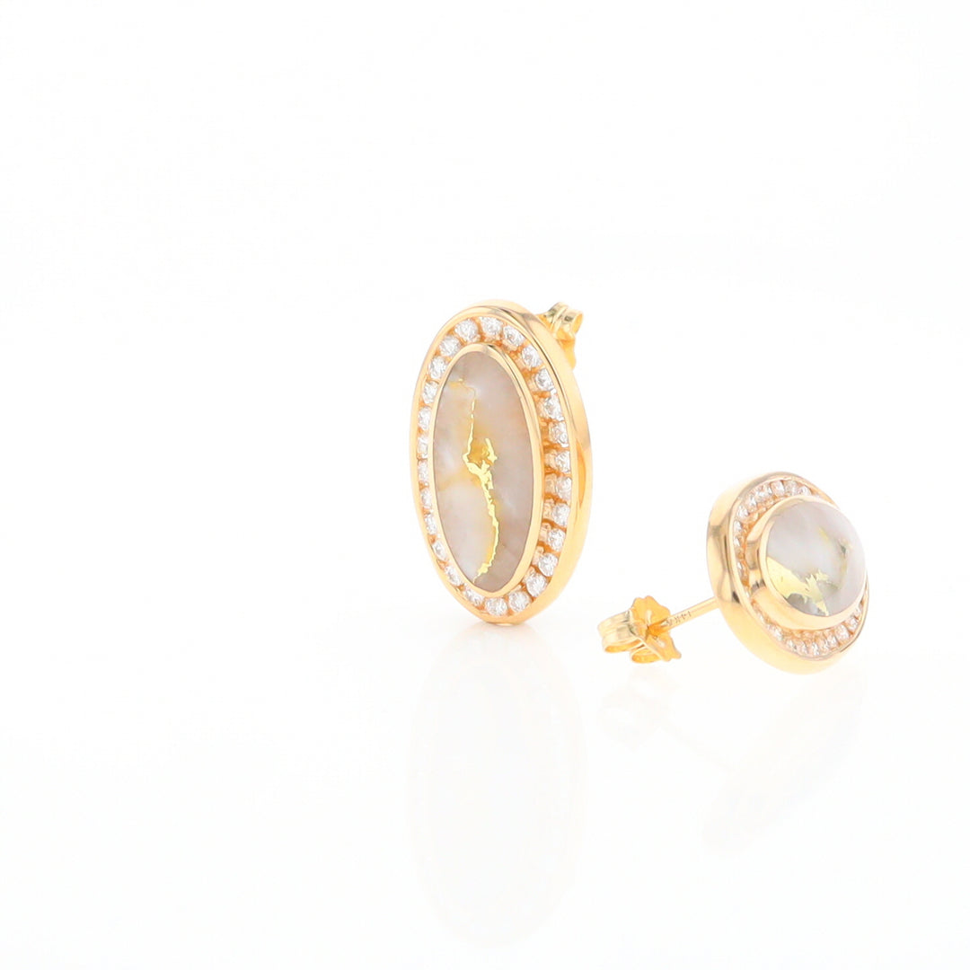 Gold Quartz Earrings Oval Inlaid Design .73ctw Round Diamonds Halo