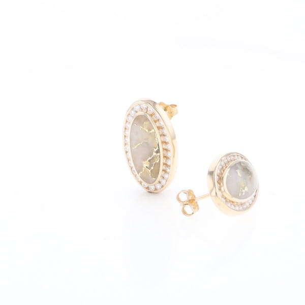Gold Quartz Earrings Oval Inlaid Design .73ctw Round Diamonds Halo G2