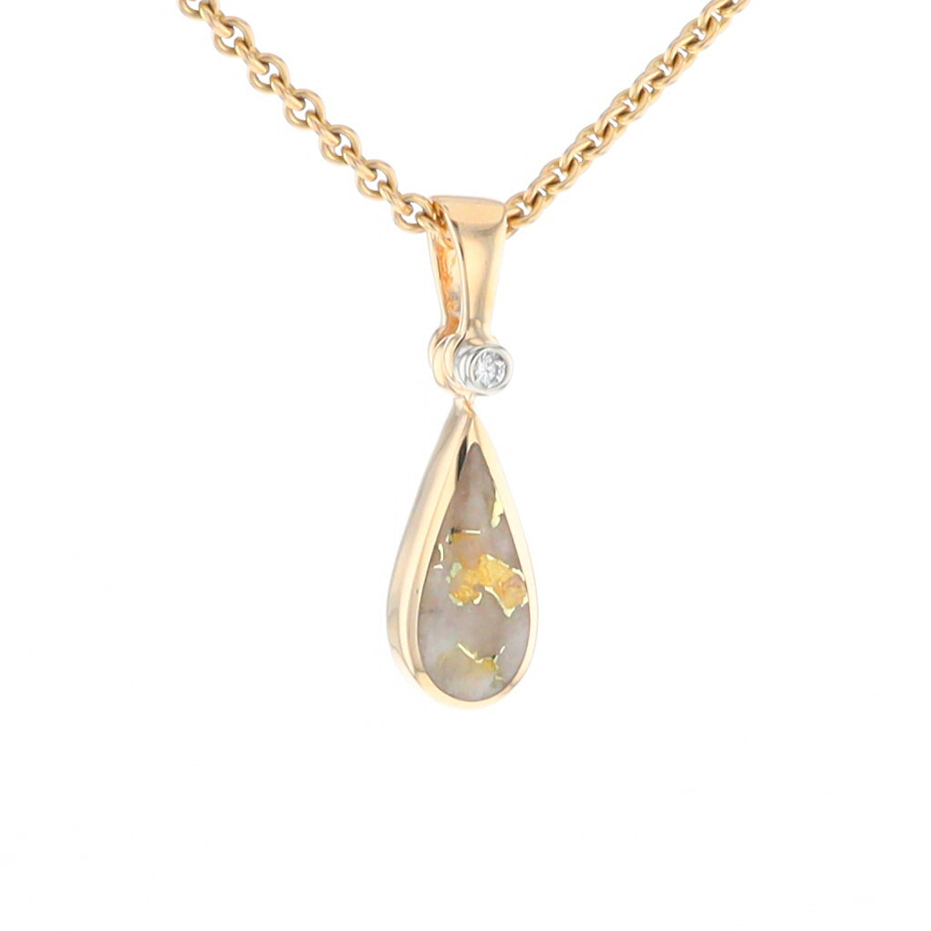 Gold Quartz Pendant Tear Drop Inlaid Design with .02ct Diamond