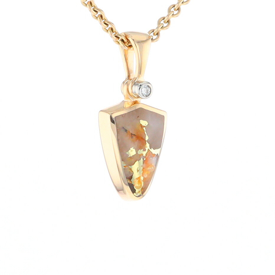 Gold Quartz Necklace Shield Shape Inlaid Pendant with .02ct Diamond