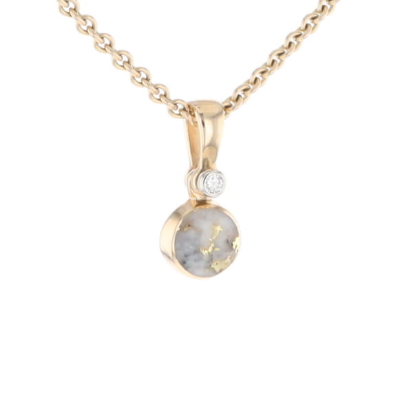 Gold Quartz Necklace Round Inlaid Pendant with .02ct Round Diamond