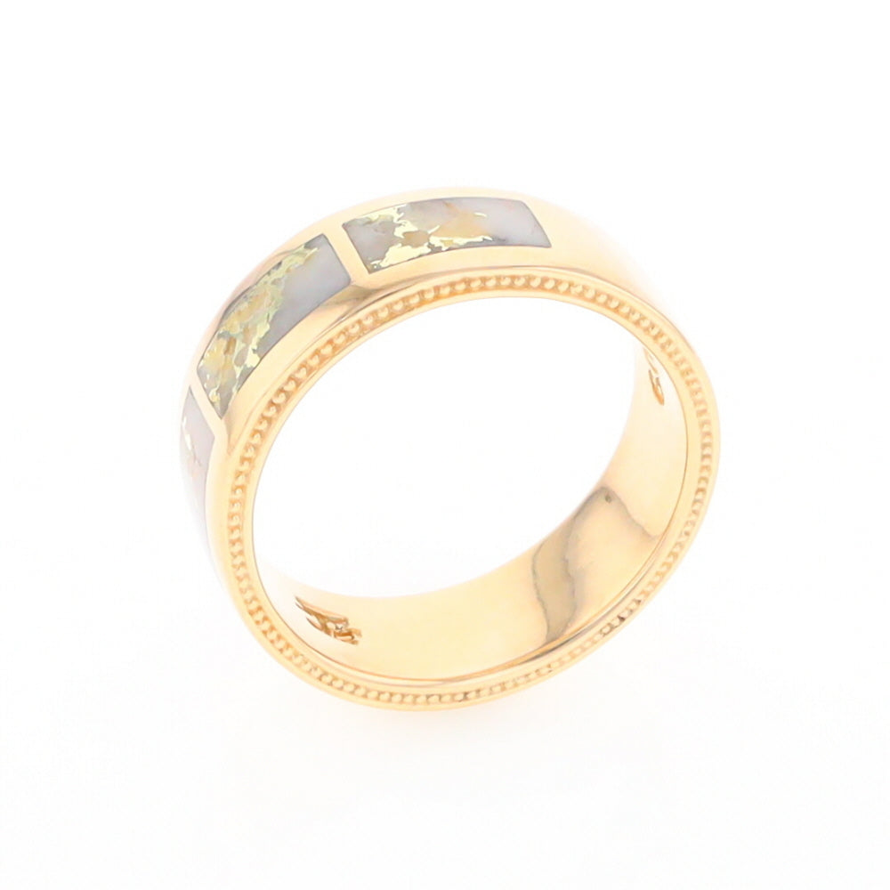 Gold Quartz Ring 3 Section Rectangle Inlaid Band with Milgrain Design