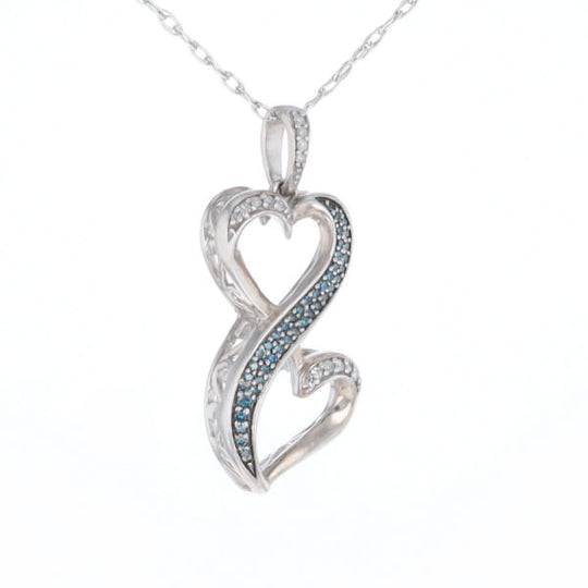 Blue and White Diamond Double Open Heart Pendant with 16" Singapore Chain