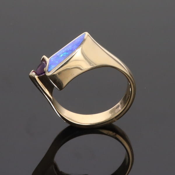 Opal Rings Geometric Inlaid with Amethyst and .08ctw Diamonds