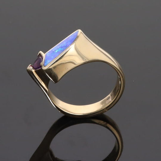 Opal Rings Geometric Inlaid with Amethyst and .08ctw Diamonds