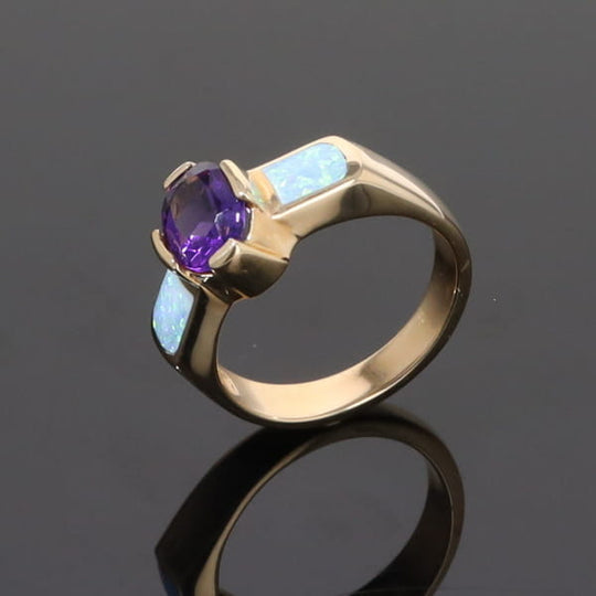 Opal Rings 2 Section Inlaid Design with Oval Amethyst Center