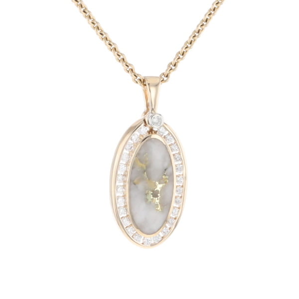Gold Quartz Necklace .37ctw Halo Diamond Oval Inlaid Pendant