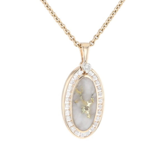 Gold Quartz Necklace .37ctw Halo Diamond Oval Inlaid Pendant