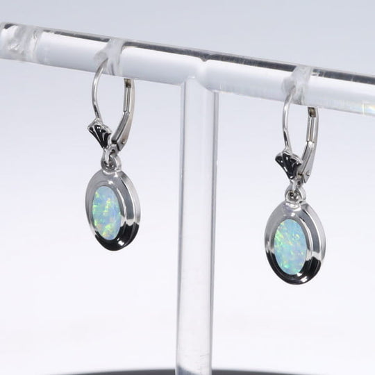 Opal Earrings Oval Inlaid Design Lever Backs